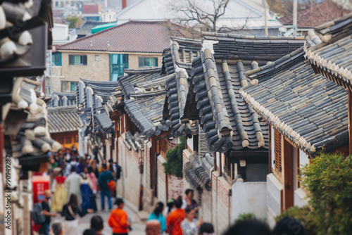 Bukchon Hanok Village, Jongno District, Seoul, South Korea, streets with traditional korean houses, travel to South Korea concept in a spring sunny day photo