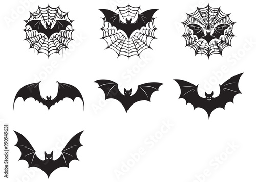 Halloween bat silhouette, set of silhouettes of bats, halloween bat background with web spider, halloween bat flying silhouette, black silhouette of bats isolated on transparent background.