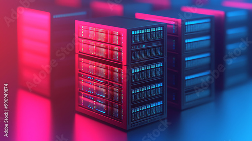 Isometric data storage center deploying digital information to a network of servers, glowing abstract visuals, global data, data deployment systems