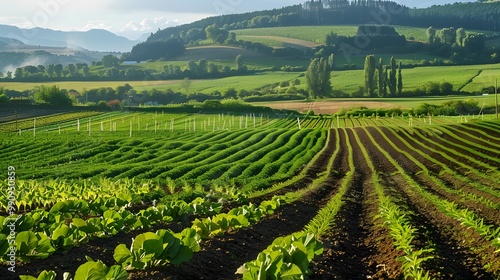 Regenerative Agriculture Landscape: A farmland scene with cover crops, no-till farming, and rotational grazing, showing how sustainable agricultural practices enhance soil carbon storage while promoti photo