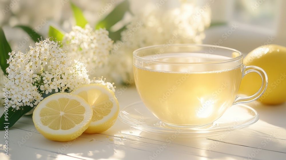 Refreshing Elderflower and Lemon Tea in a Glass Cup Refreshing Elderflower and Lemon Tea in a Glass Cup