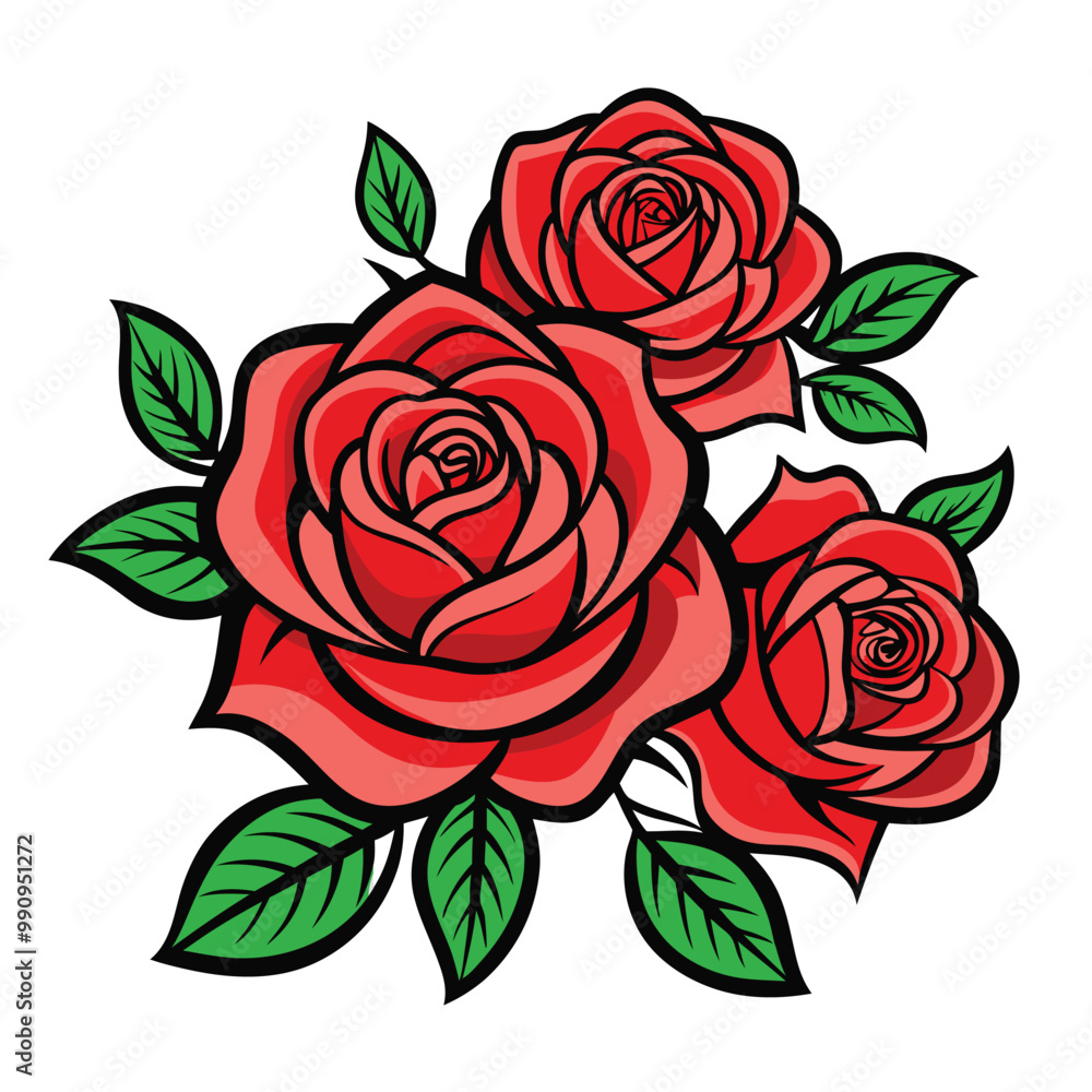 a drawing of red roses with green leaves and a white background. vector illustration a drawing of red roses with green leaves and a white background. vector illustration
