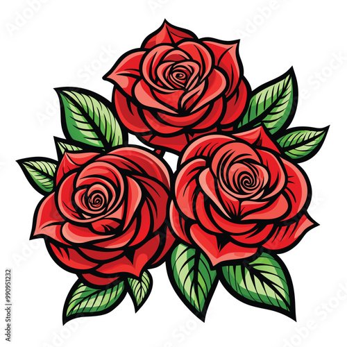 Wallpaper Mural a drawing of red roses with green leaves and a white background. vector illustration  Torontodigital.ca