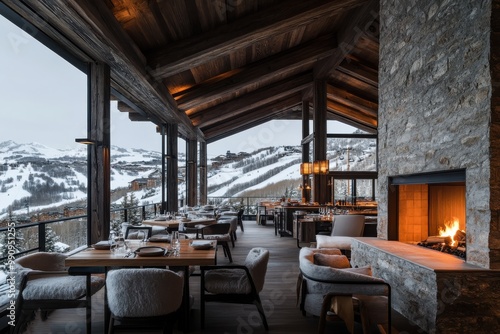 A luxurious restaurant featuring a cozy fireplace, wooden beams, and large windows showcasing stunning snowy mountain views, perfect for a winter retreat or dining experience. photo