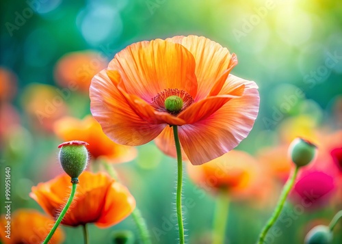 Vibrant poppy petals unfurl with gentle curves, showcasing rich hues amidst a soft, blurred green backdrop, bathing the