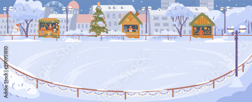 Winter outdoors ice rink with no people with Christmas fair stalls and houses at the background flat vector illustration.