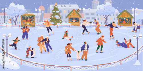 Outdoor ice rink with lots of different people skating with Christmas fair and cityscape at the background flat vector illustration. 