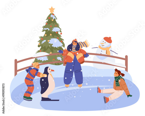 Children having fun on outdoor ice rink flat vector scene isolated on white. 