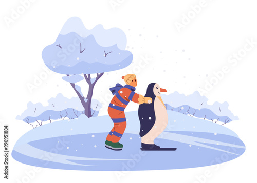 Cute little boy in outwear ice skating with penguin on outdoor ice rink flat vector illustration isolated on white.