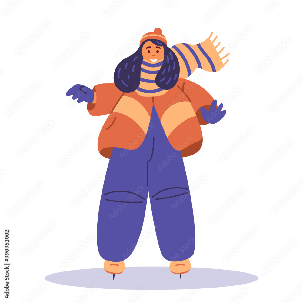 Teenage girl in outwear ice skating flat vector illustration isolated on white. Teenage girl in outwear ice skating flat vector illustration isolated on white.