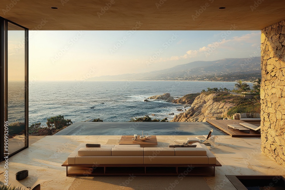 Fototapeta premium Luxury modern home with stunning ocean view and infinity pool