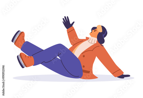 Man in skates and outwear slipped on ice and fell down flat vector illustration isolated on white.
