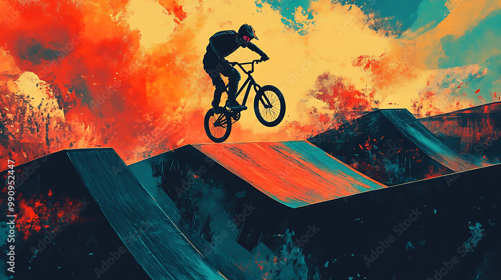 Naklejka premium background with a cyclist performing tricks at a bike park, showcasing ramps, obstacles, and high-flying action