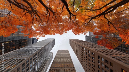 Bright orange and red maple leaves frame the view of tall skyscrapers, highlighting nature's beauty within the urban landscape as the clear sky provides a serene backdrop.