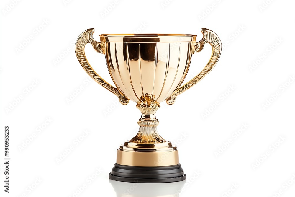 A classic golden trophy with two handles, a round base, and a black circular stand isolated on a white background. A classic golden trophy with two handles, a round base, and a black circular stand isolated on a white background.