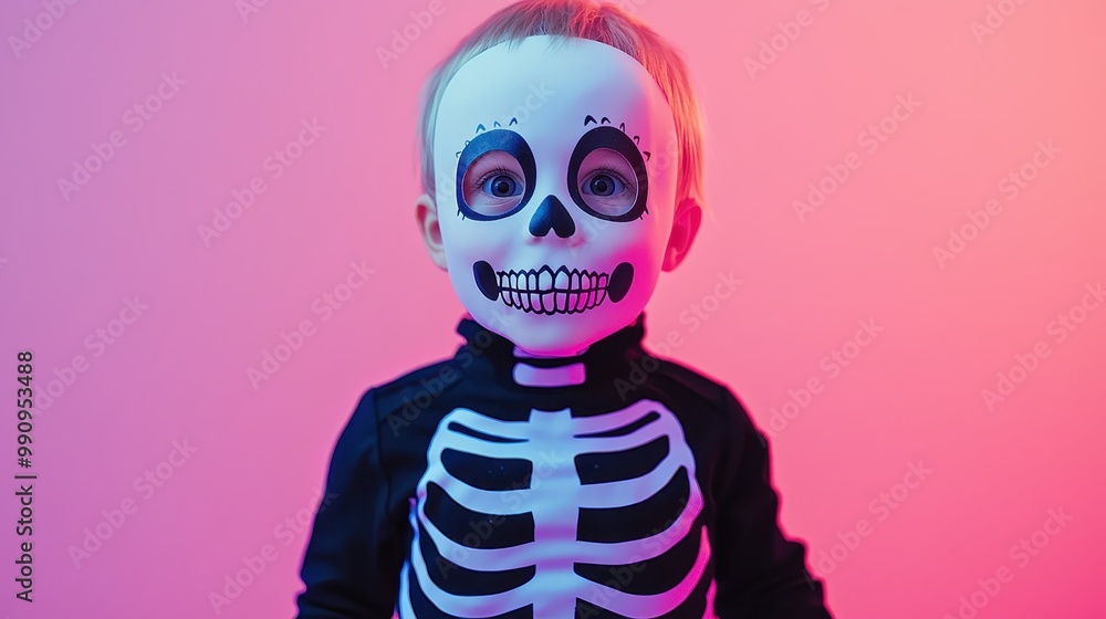 Close-up of a child in a cute skeleton costume, glowing bones, Halloween night, playful and adorable, soft eerie light Close-up of a child in a cute skeleton costume, glowing bones, Halloween night, playful and adorable, soft eerie light