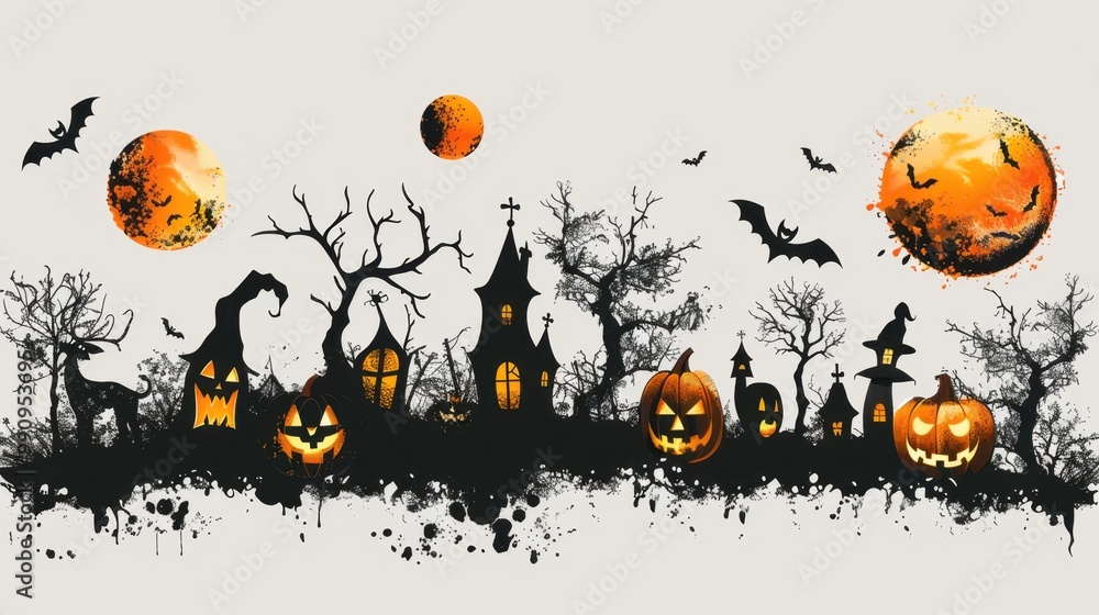 Design black silhouette illustrations of spooky Halloween Orchid in various activities ,with bold lines and simple design, placed on a white background Design black silhouette illustrations of spooky Halloween Orchid in various activities ,with bold lines and simple design, placed on a white background