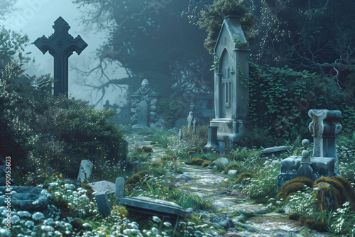 Old cemetery scene with ancient stones, crosses, and tombs along a path to a mysterious crypt