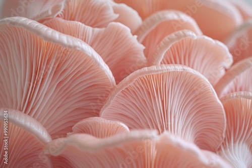 macro photograph soft pink mushroom gills delicate textures with intricate folds soft lighting illuminating smooth surfaces with gentle gradient light pale peach Shallow depth field creating dreamlike