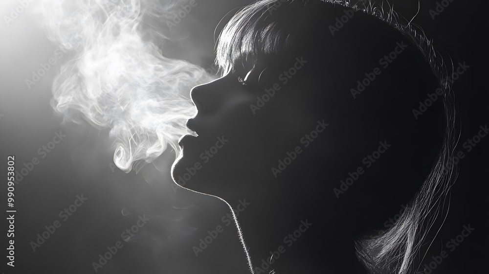 Woman Exhaling Smoke in Silhouette Woman Exhaling Smoke in Silhouette