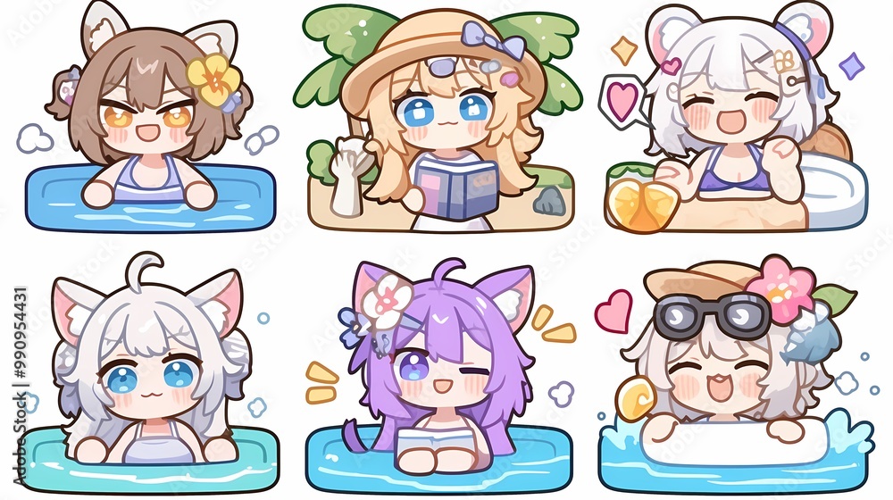 A playful assortment of anime girls, each with a cheerful or mischievous expression, ideal for merchandise. A playful assortment of anime girls, each with a cheerful or mischievous expression, ideal for merchandise.