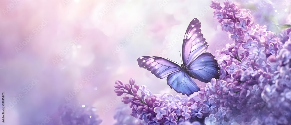 A butterfly is perched on a purple flower A butterfly is perched on a purple flower