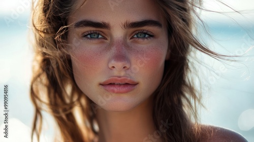 A beautiful model from Croatia with flawless skin, captured in a close-up portrait with the sea breeze in her hair photo