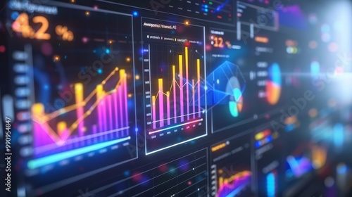 Business analysis and analytics online through the application on a laptop. Dashboard app with business analytics data, charts, investment, trade and finance management 