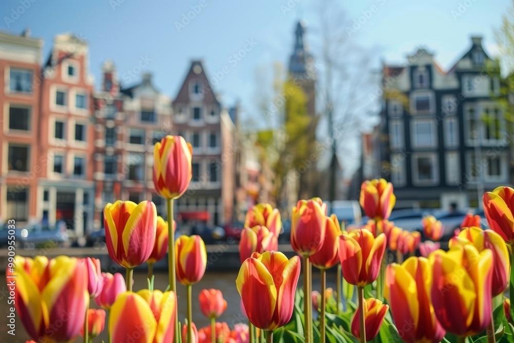 Fototapeta premium Beautiful red and yellow tulips blooming by a canal in amsterdam, netherlands, with traditional dutch houses in the background on a sunny spring day