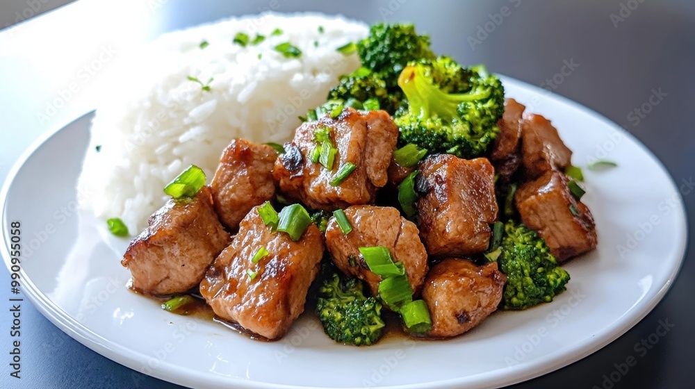 Delicious Beef with Broccoli and Rice on Plate Delicious Beef with Broccoli and Rice on Plate