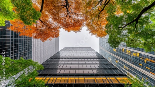 Bright orange and red maple leaves frame the view of tall skyscrapers, highlighting nature's beauty within the urban landscape as the clear sky provides a serene backdrop