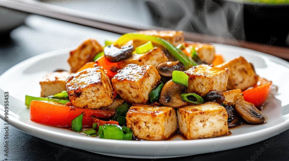 Tasty Stir-Fried Tofu with Vegetables on a Plate Tasty Stir-Fried Tofu with Vegetables on a Plate