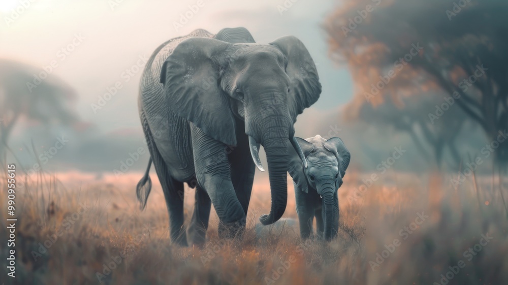 Fototapeta premium Elephant and baby in misty wilderness - A serene image capturing the bond between an elephant and its baby amidst misty surroundings