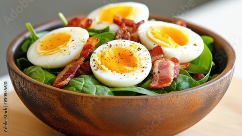 Healthy Spinach Bowl with Bacon and Soft-Boiled Eggs