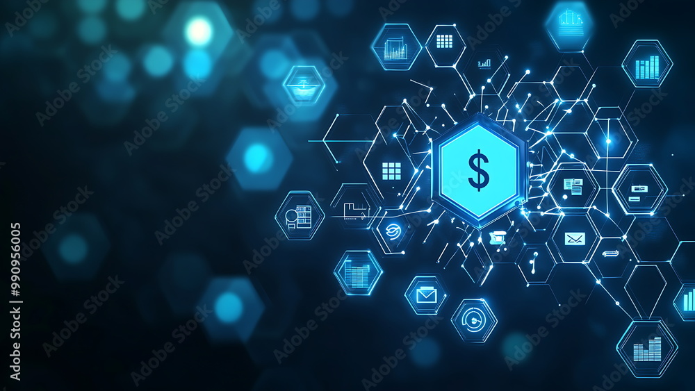 custom made wallpaper toronto digitalinterconnected glowing icons, including a dollar sign, representing financial data and global connections.