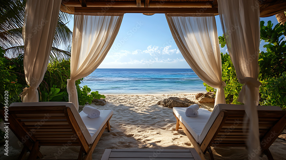 © ShadowHero - Romantic background with a private beach cabana, showcasing comfortable loungers, soft drapes, and a breath-taking seaside view © ShadowHero - Romantic background with a private beach cabana, showcasing comfortable loungers, soft drapes, and a breath-taking seaside view
