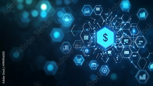 Wallpaper Mural interconnected glowing icons, including a dollar sign, representing financial data and global connections. Torontodigital.ca