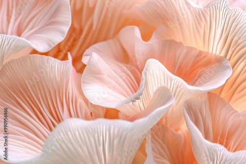 macro photograph soft pink mushroom gills delicate textures with intricate folds soft lighting illuminating smooth surfaces with gentle gradient light pale peach Shallow depth field creating dreamlike