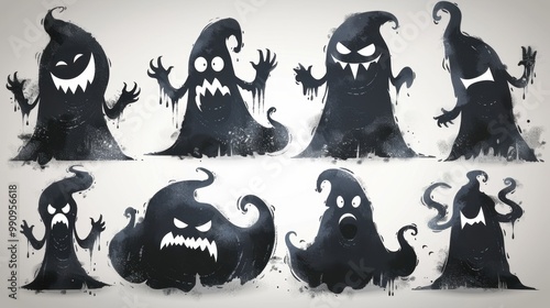 Design black silhouette illustrations of spooky Halloween Slimer (from Ghostbusters) in various activities ,with bold lines and simple design, placed on a white background 