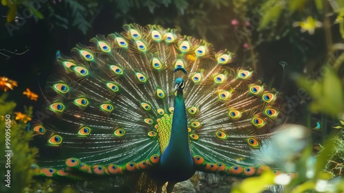 Peacock displaying its full plumage - This image captures a peacock in full display, its plumage radiating with iridescent colors and eye patterns