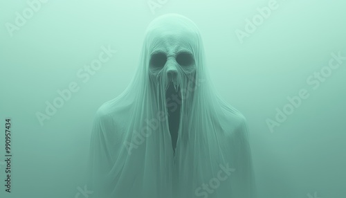 Ghost with twisted, elongated face, glowing in pale green light, close-up, surreal horror, misty background, eerie shadows