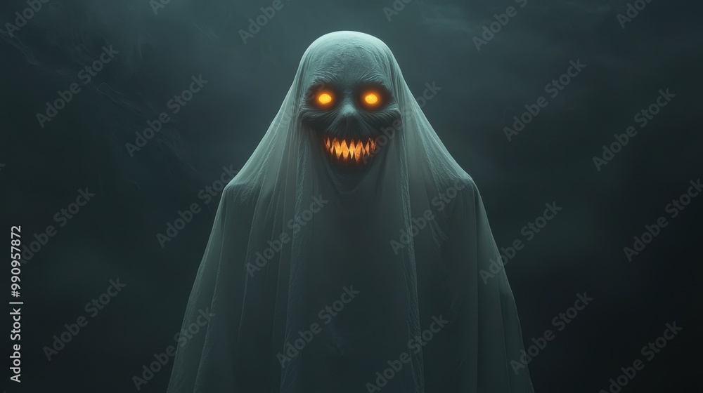 Close-up of a floating ghost with a wide, menacing grin, glowing softly, horror, surreal, dark background, ethereal details, closes up Close-up of a floating ghost with a wide, menacing grin, glowing softly, horror, surreal, dark background, ethereal details, closes up