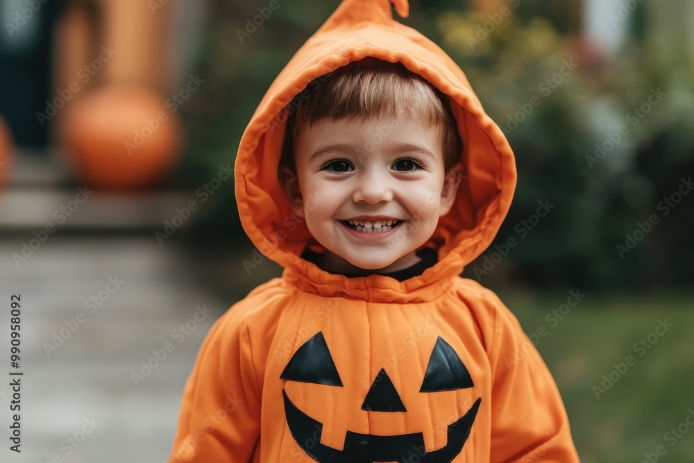 Child in a cute pumpkin costume with a glowing jack-o'-lantern bucket, smiling brightly, close-up, Halloween night, cheerful vibe Child in a cute pumpkin costume with a glowing jack-o'-lantern bucket, smiling brightly, close-up, Halloween night, cheerful vibe