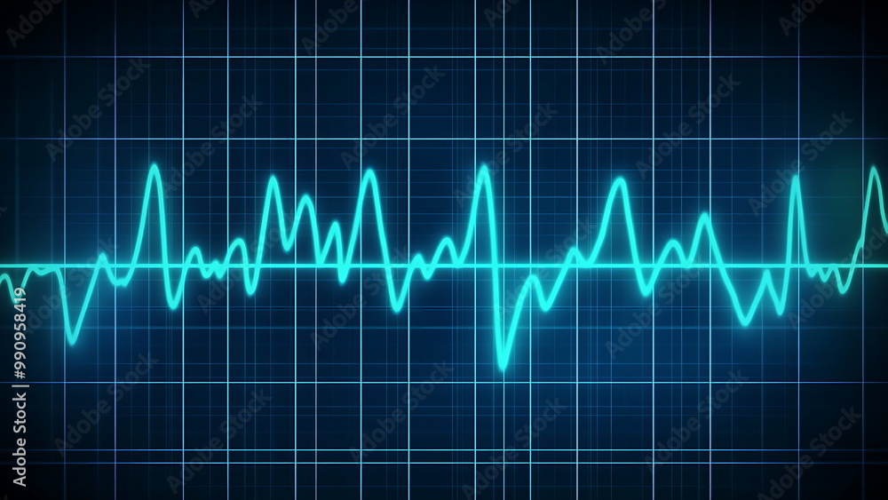 A heart rate monitor shows a wavy, teal-colored line on a dark-blue grid. A heart rate monitor shows a wavy, teal-colored line on a dark-blue grid.