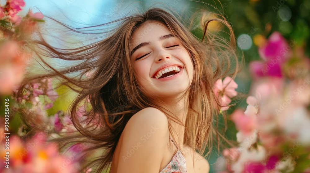 Fototapeta premium A cute and sexy girl with flowing hair, captured mid-laugh in a colorful urban park, surrounded by blooming flowers