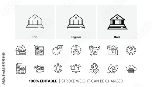 Chemistry experiment, Bell and Court building line icons. Pack of Seo timer, People talking, Cloud server icon. Travel luggage, Headhunter, Biometric security pictogram. Leaf. Line icons. Vector