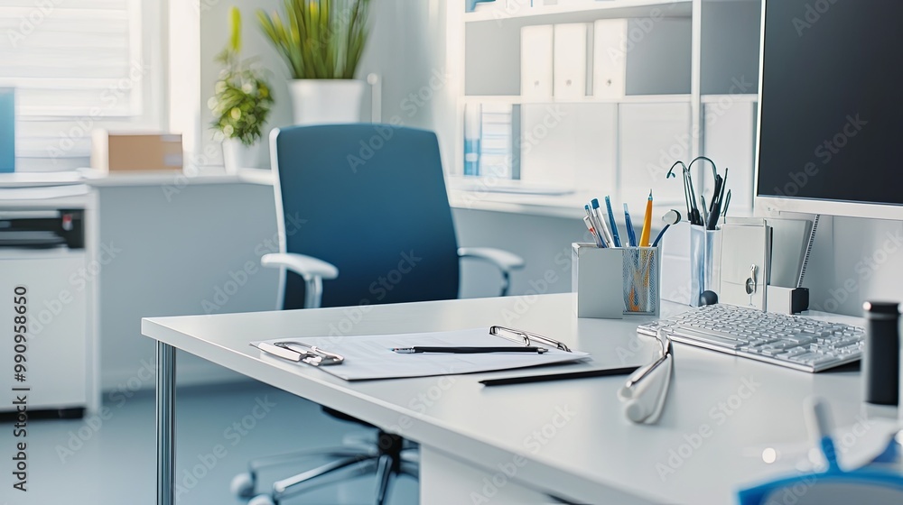 Serene Empty Doctor's Office with Clean Desk, Neatly Arranged Medical Instruments, and Empty Chair, Reflecting a Calm Healthcare Ambiance Serene Empty Doctor's Office with Clean Desk, Neatly Arranged Medical Instruments, and Empty Chair, Reflecting a Calm Healthcare Ambiance