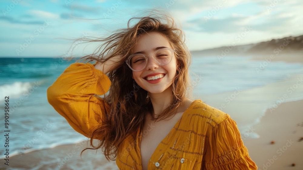 A cute and sexy young woman wearing a stylish outfit, posing playfully on a beach with the ocean waves in the background A cute and sexy young woman wearing a stylish outfit, posing playfully on a beach with the ocean waves in the background