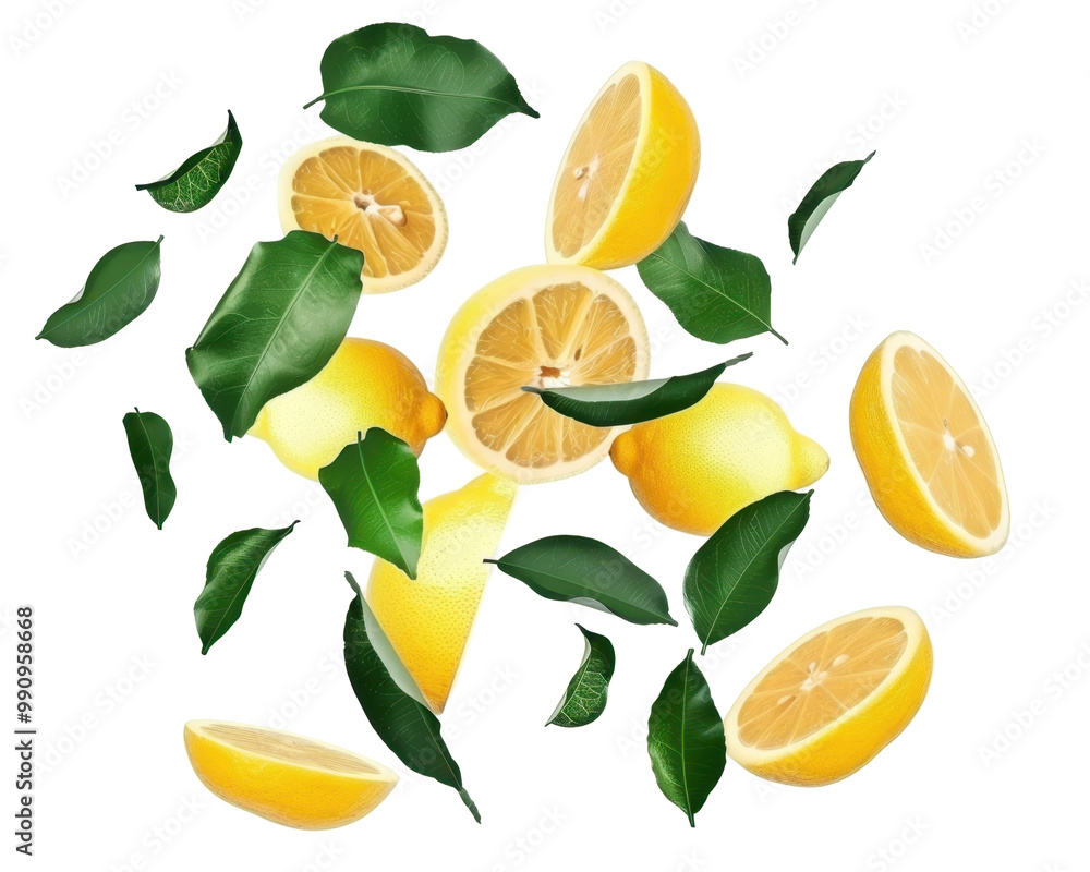 Obraz premium A vibrant arrangement of lemons and leaves, showcasing freshness and natural beauty.