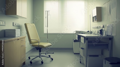 Serene Doctor's Office Interior with a Clean Desk, Empty Chair, and Organized Medical Equipment Reflecting a Calm Healthcare Atmosphere. Medical Consultation Room Ambiance.